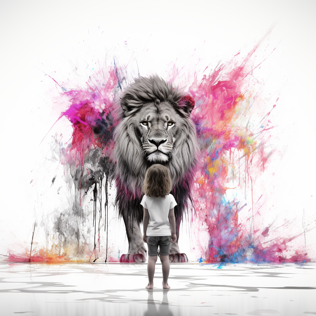 Children hiding behind lion on white background