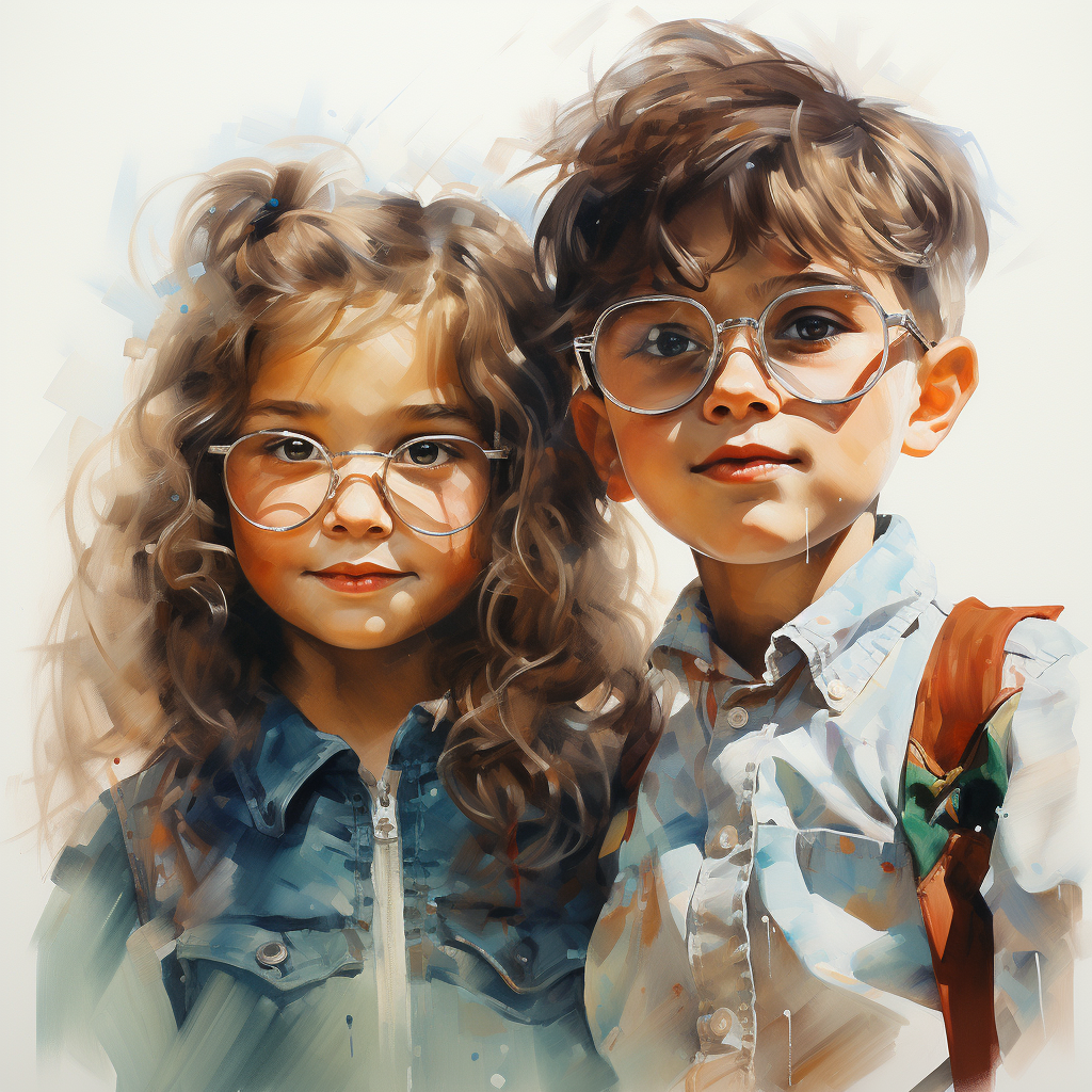 Two kids wearing eyeglasses happily