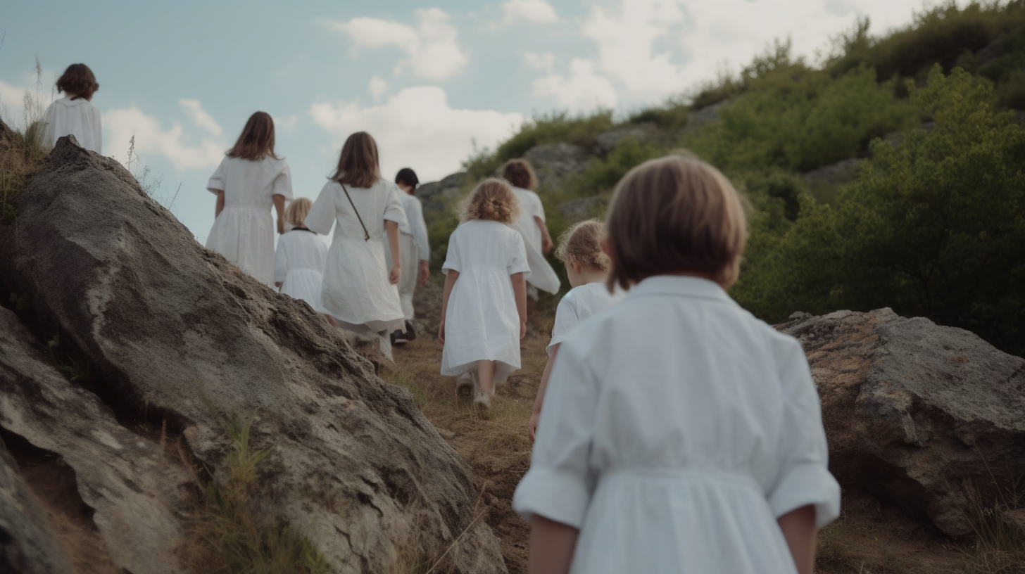 Children carrying rocks up hill