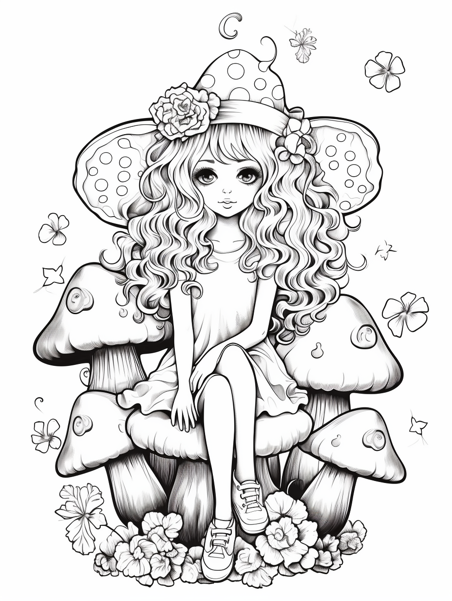 Young girl coloring page mushroom