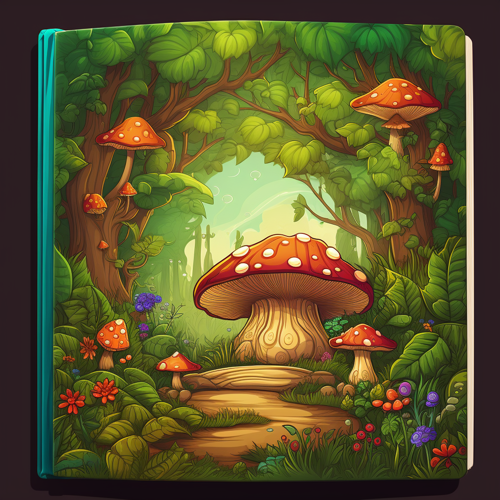 Cartoon-style Open Book with Forest and Mushrooms