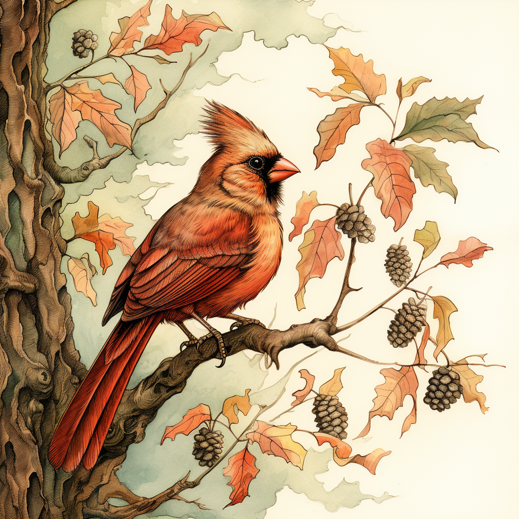 Children hand drawn cardinal hopping acorn branch