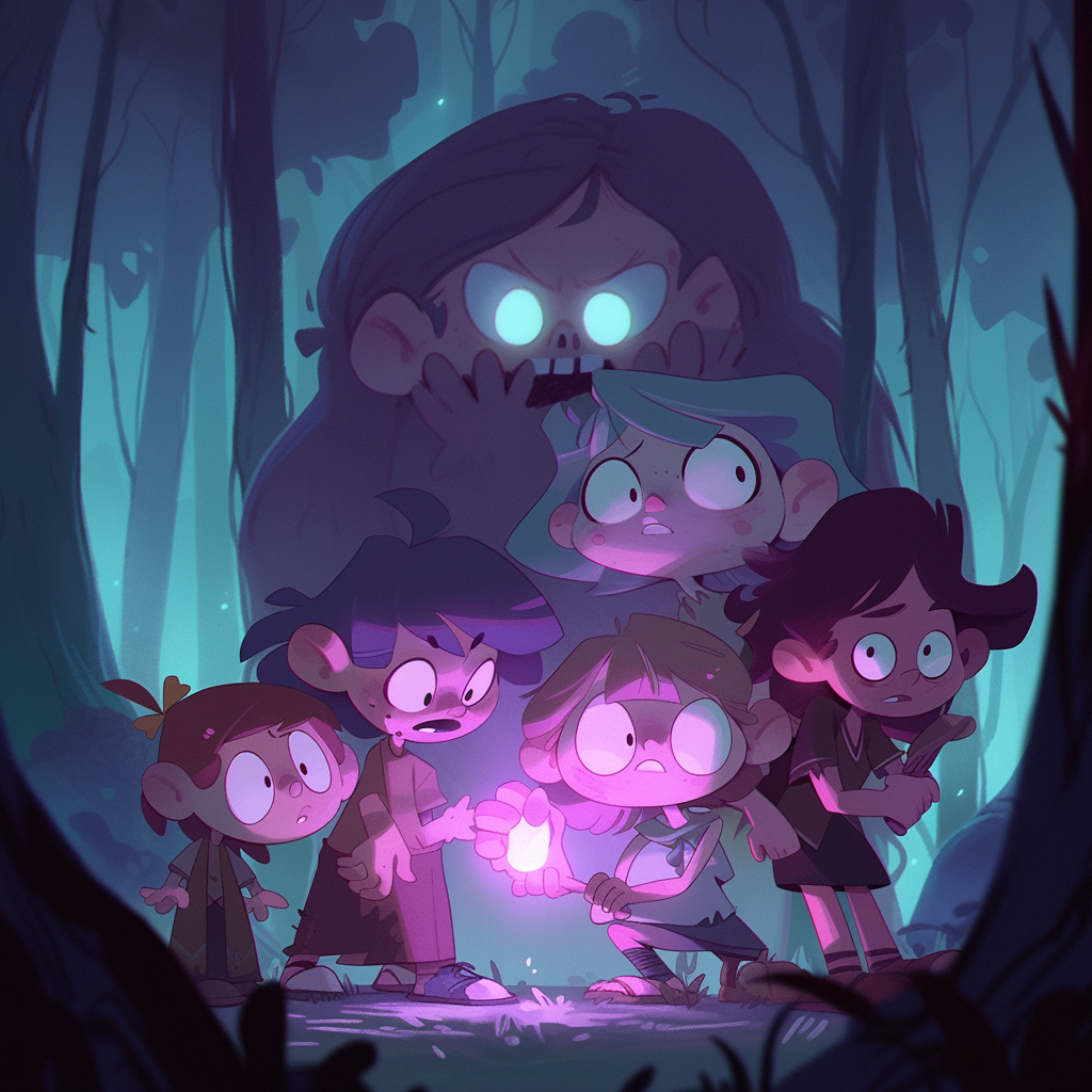 Group of children in a dark forest