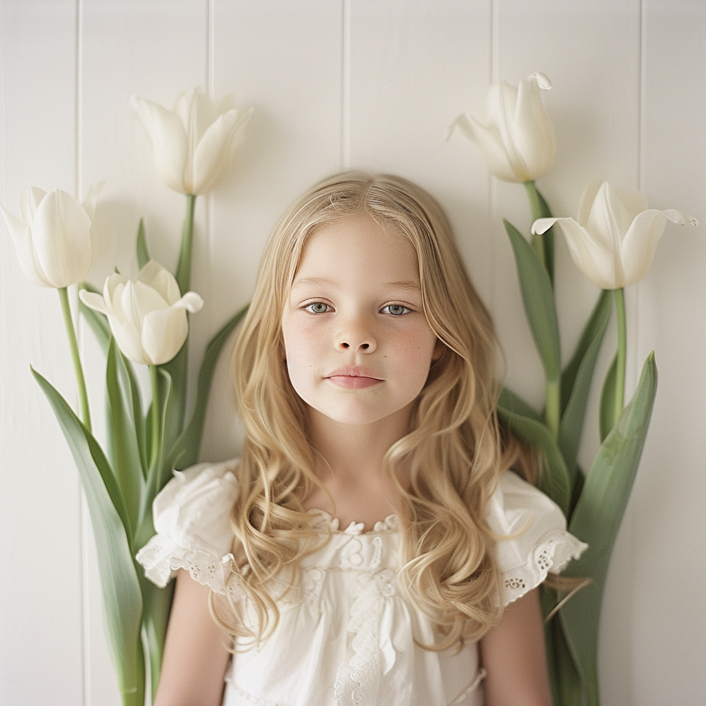 Children with Tulips on White Wall