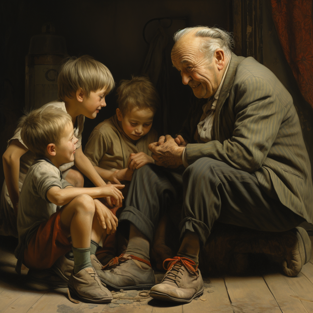 Children playing at the feet of an elderly man