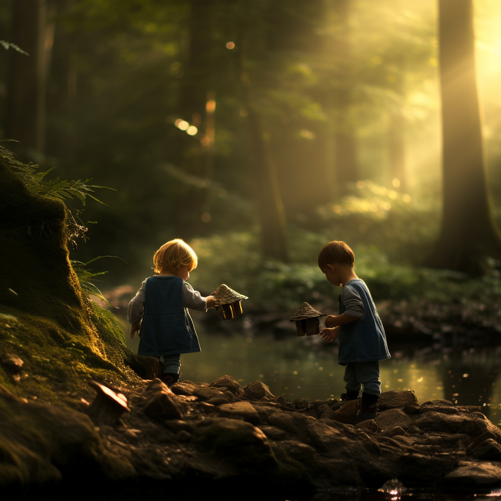 children playing in forest landscape