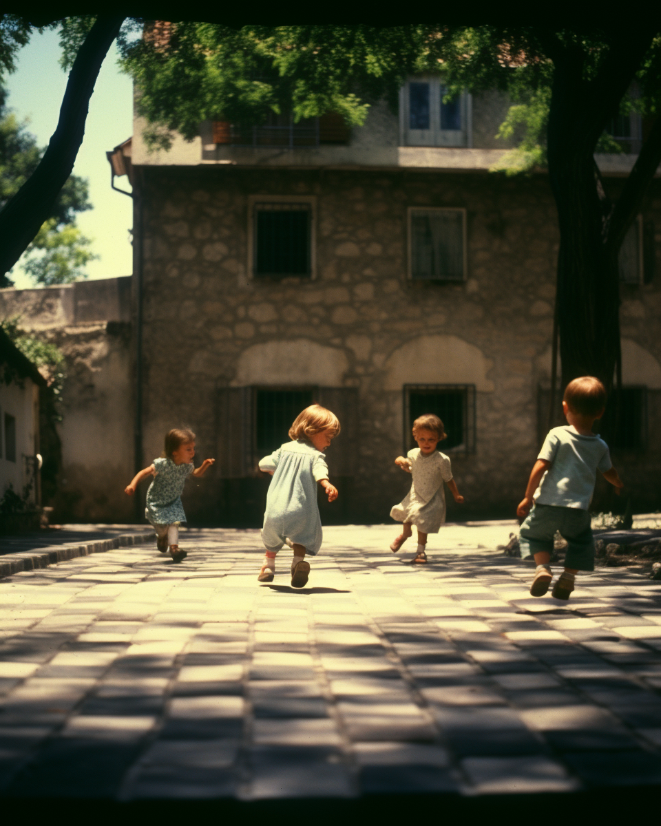 Children playing hopscotch in shaded courtyard