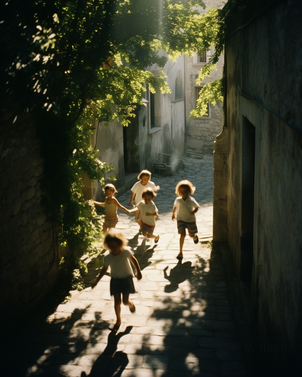 Children playing in shaded alleyway