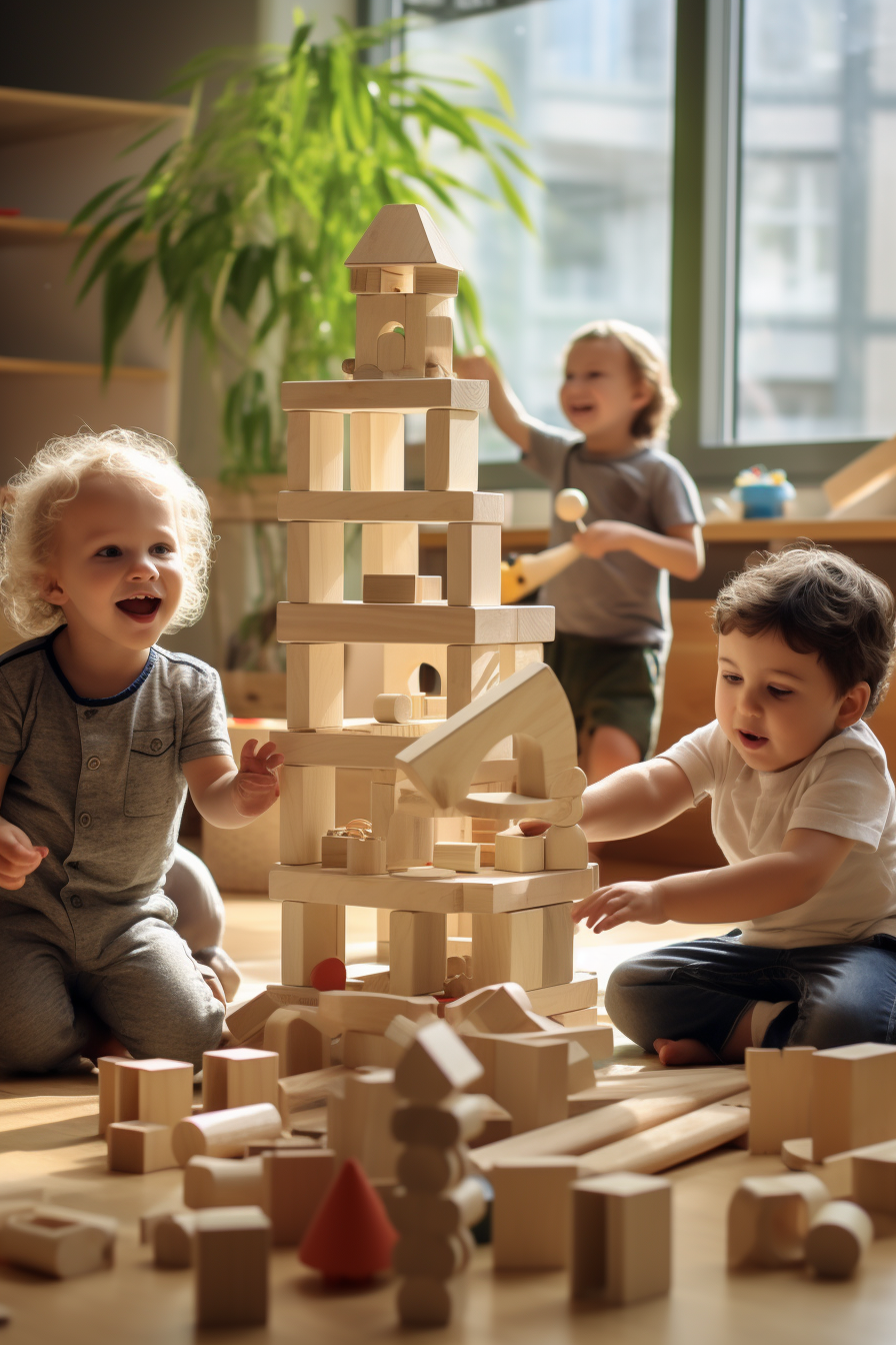 Children playing with wooden unit blocks