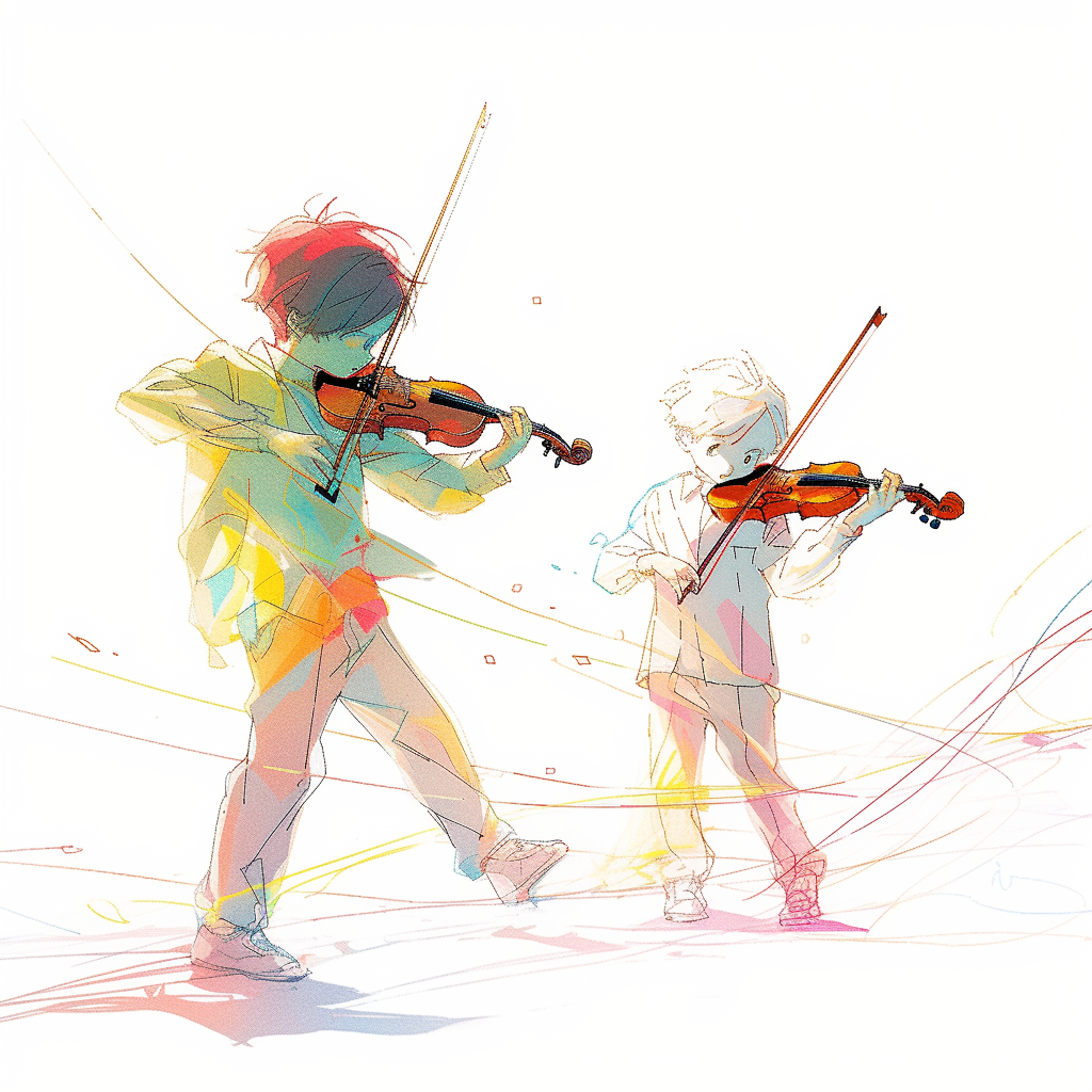 Vibrant violin-playing children on stage