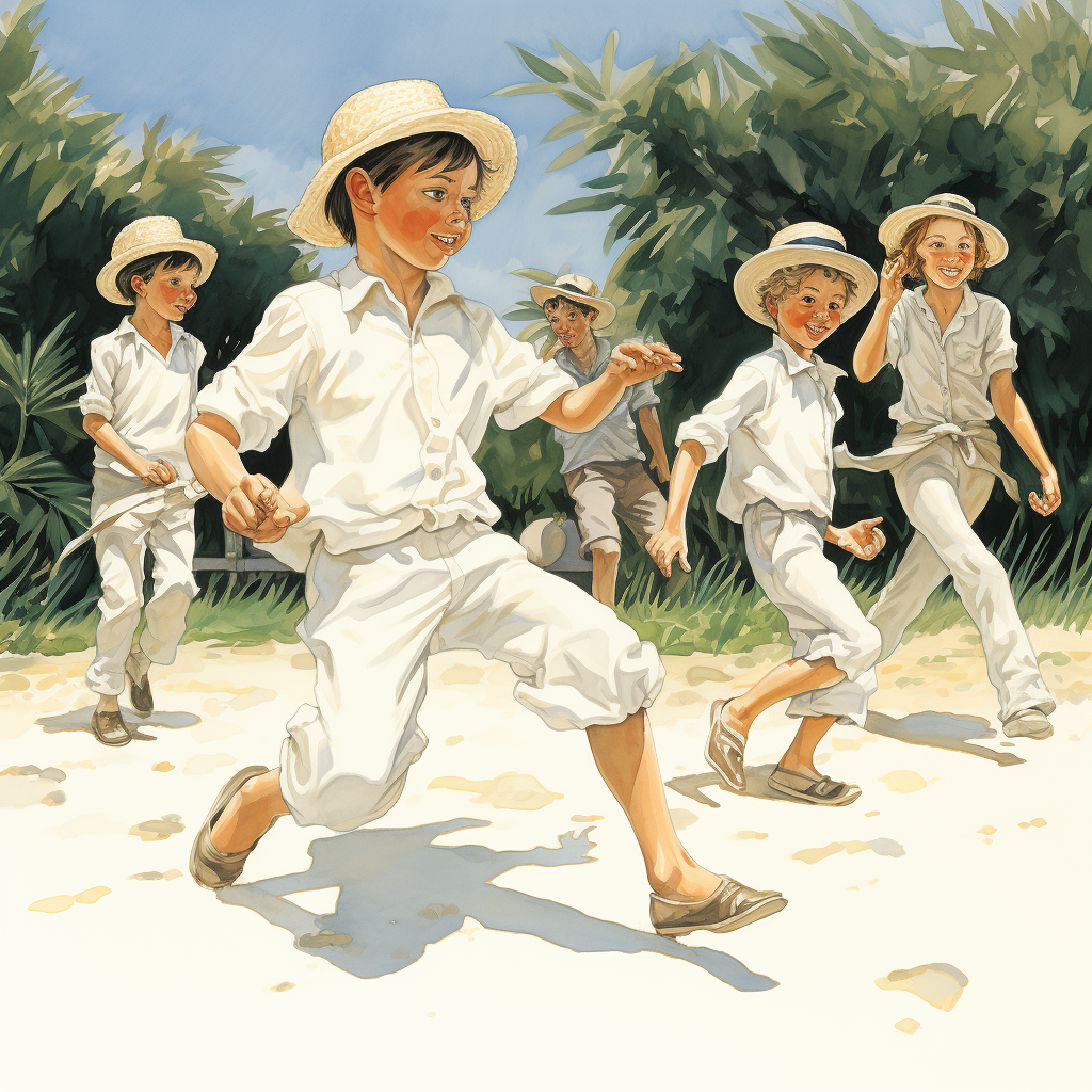 Cartoon of children playing with white shirts and sandals