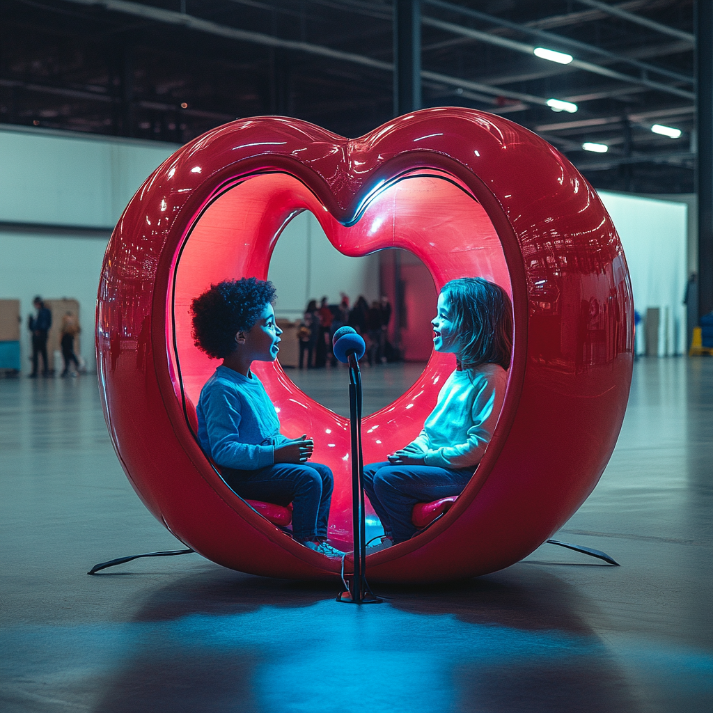 Children using microphone in heart-shaped pod cast