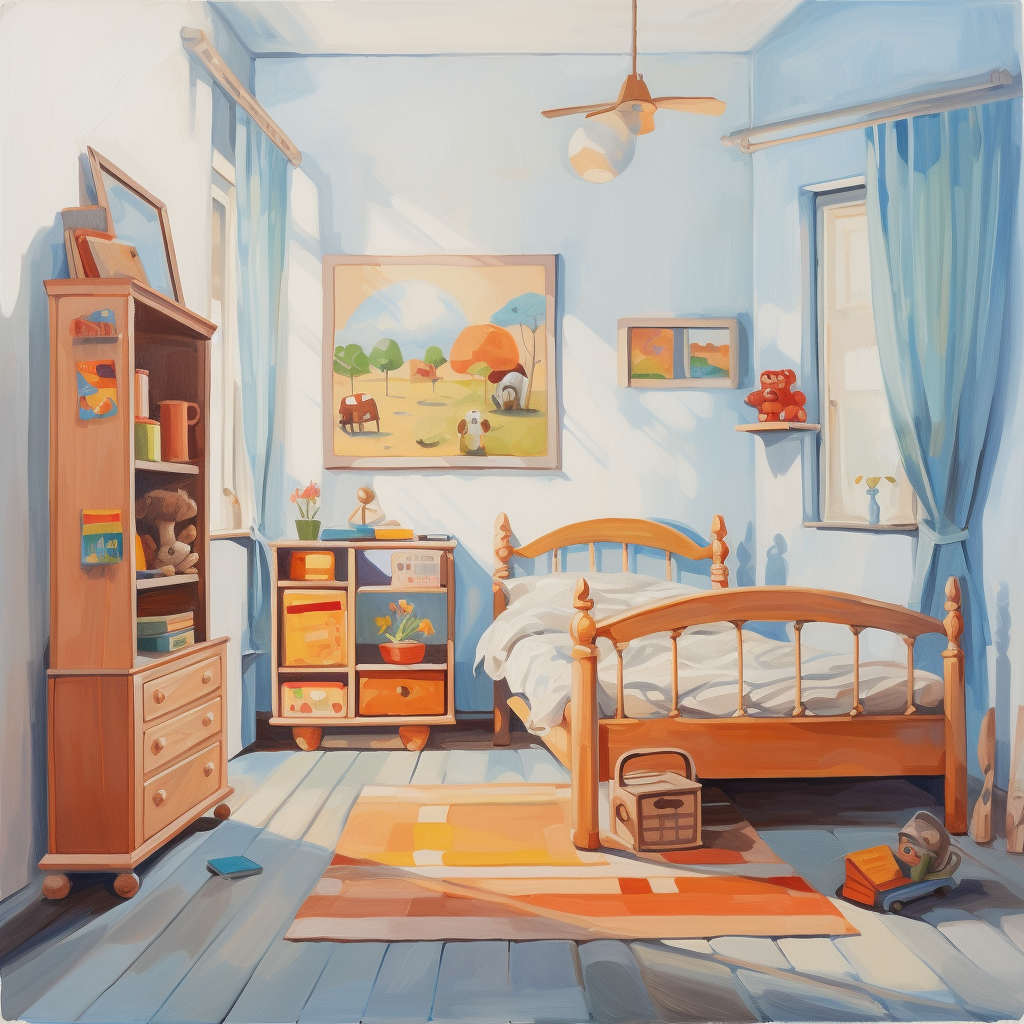 Front view of children's room furniture oil painting