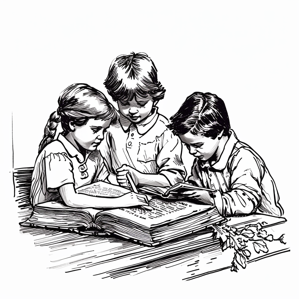 Children studying Bible on white background