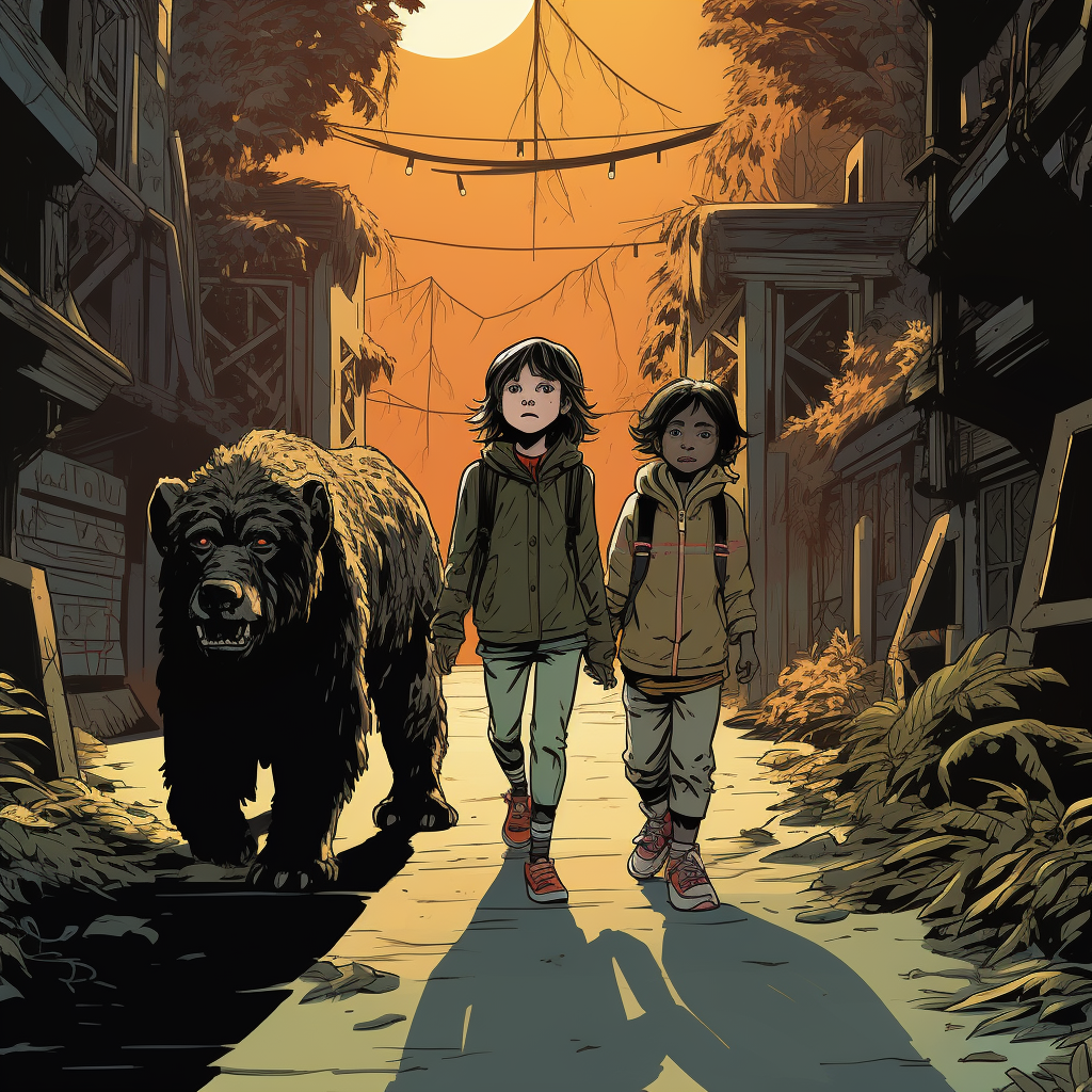 Two children walking in zoo - Mignola style