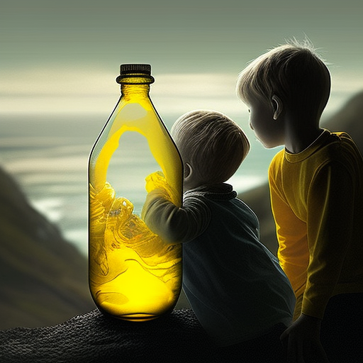 Two children in yellow bottle holding hands, admiring the view