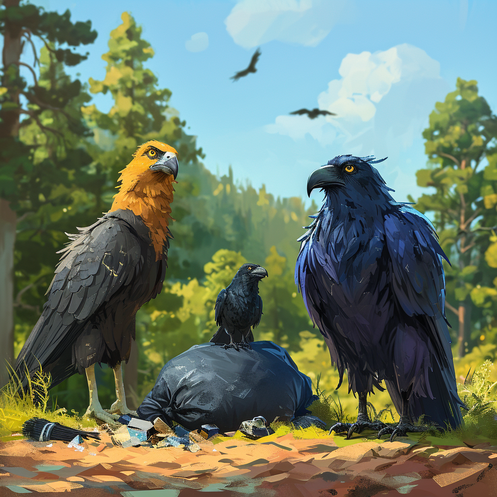 Children's audiobook cover illustration with falcon, raven, and beaver