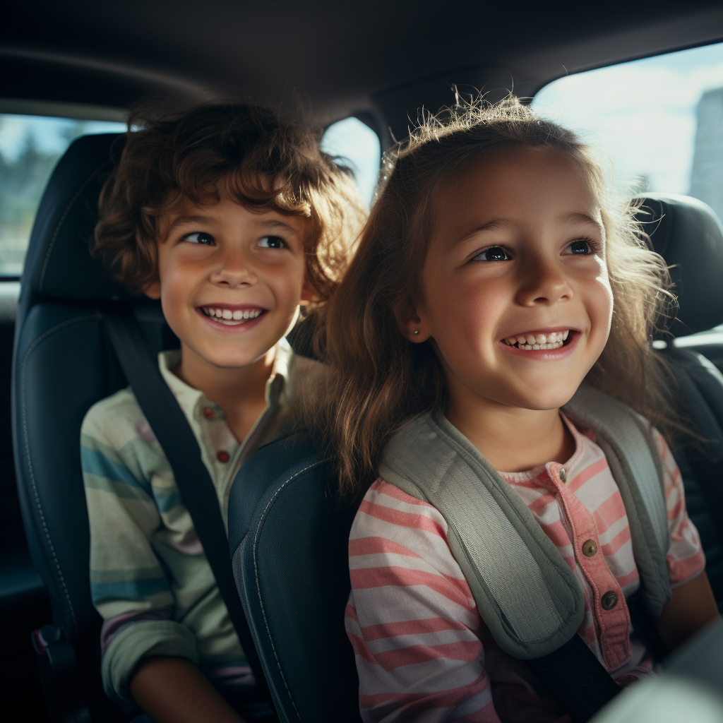 Two happy children in car with safety belts