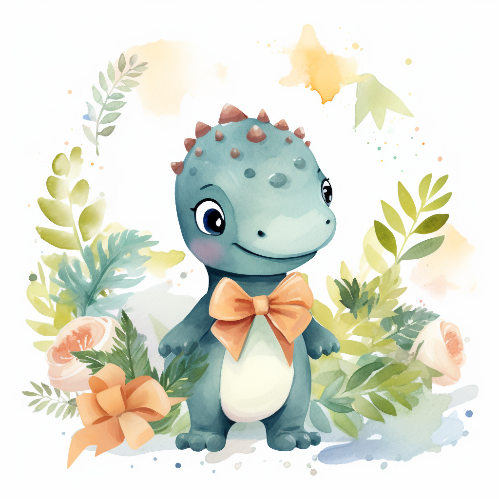 Female dinosaur wearing a bow with flowers and foliage