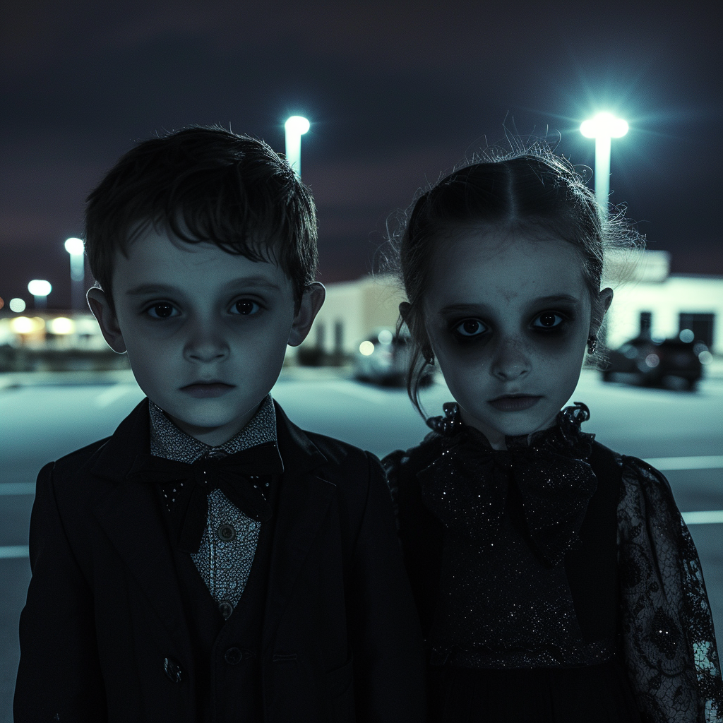 Children with pitch black eyes in formal attire at mall