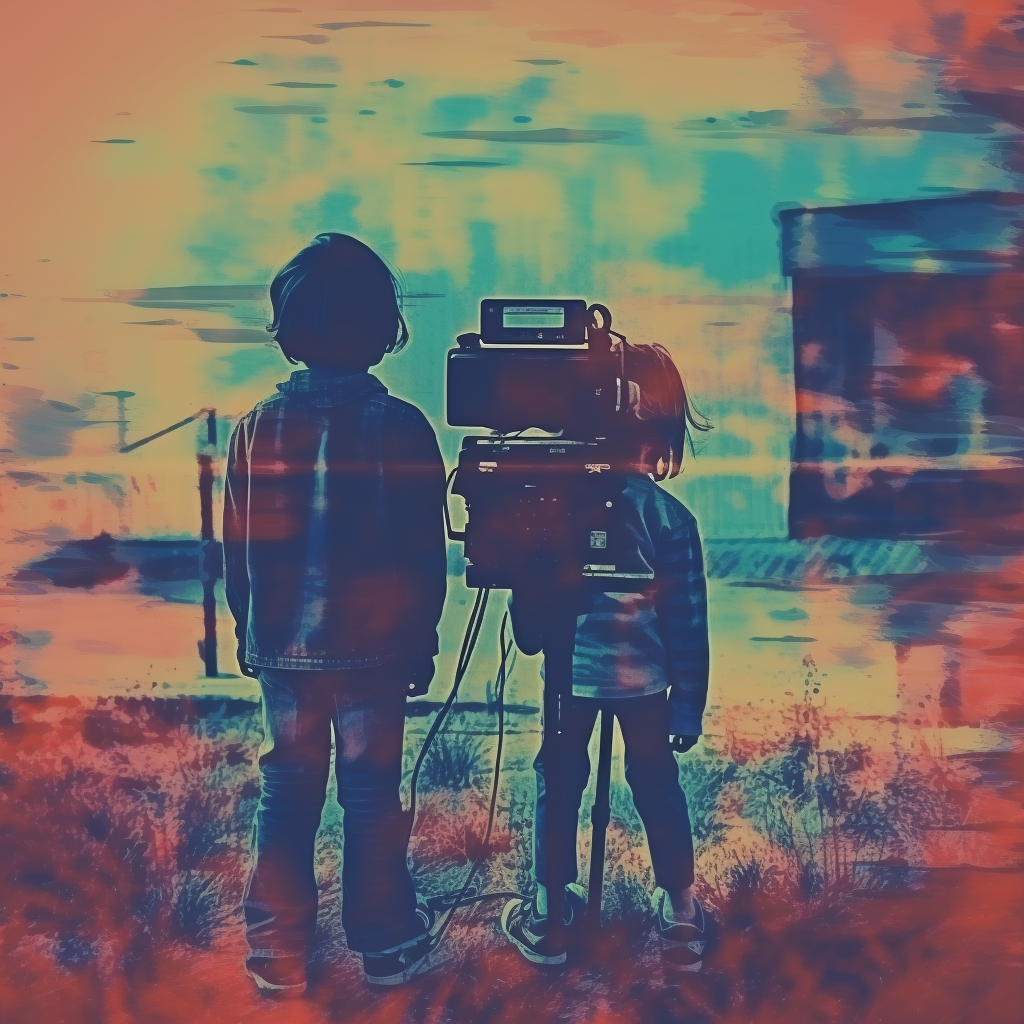 Children podcasting with VHS glitch texture