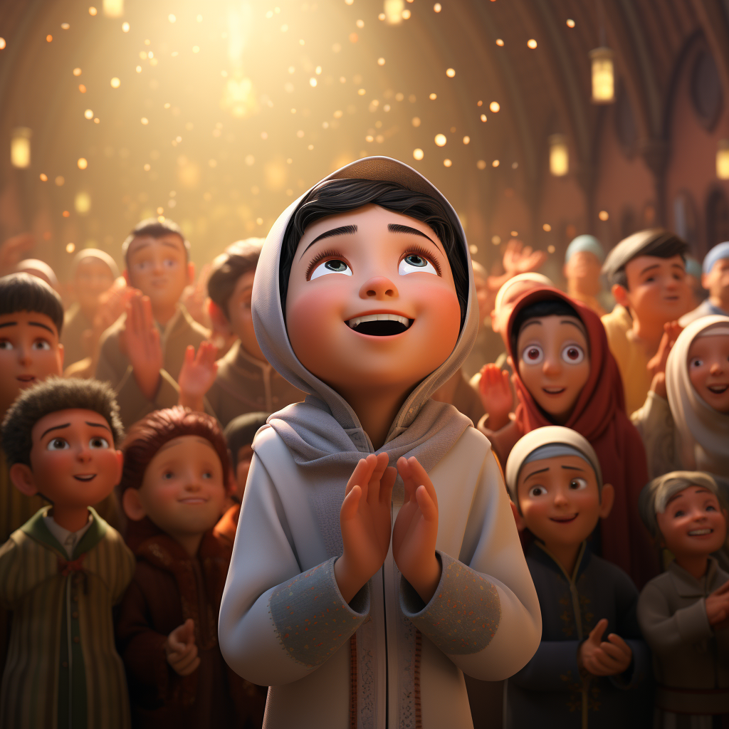 Children saluting leader in Muslim avatar