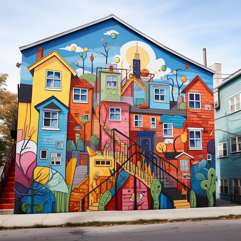 Children's artwork displayed on building exteriors