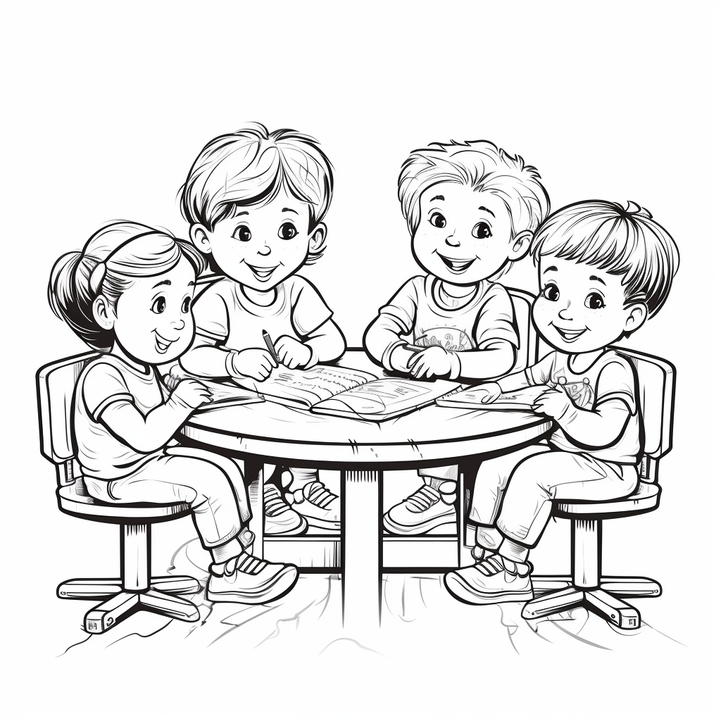 Five children drawing at a table