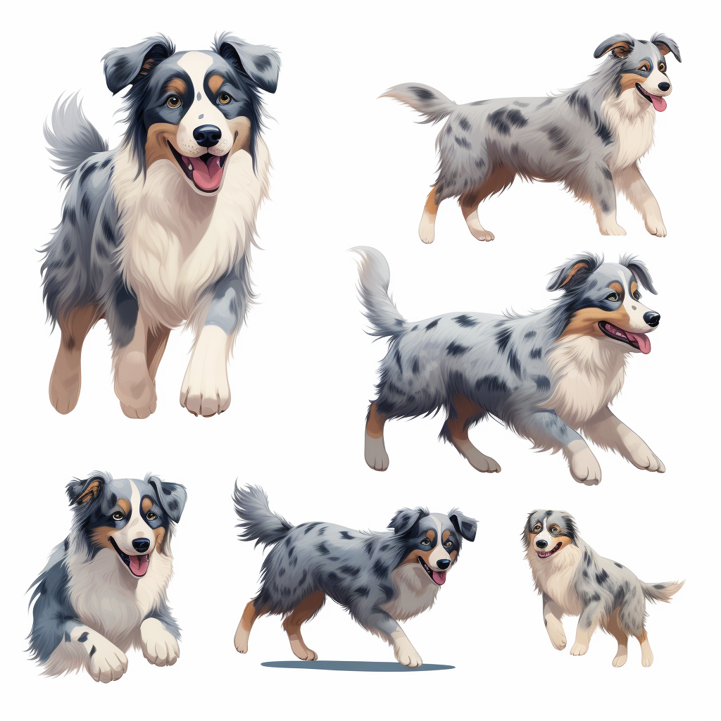 Blue Merle Australian Shepherd running in children's book illustration