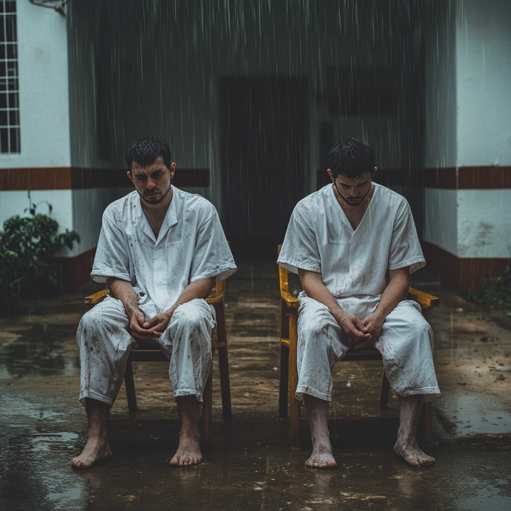 Chilean guys sitting in rain