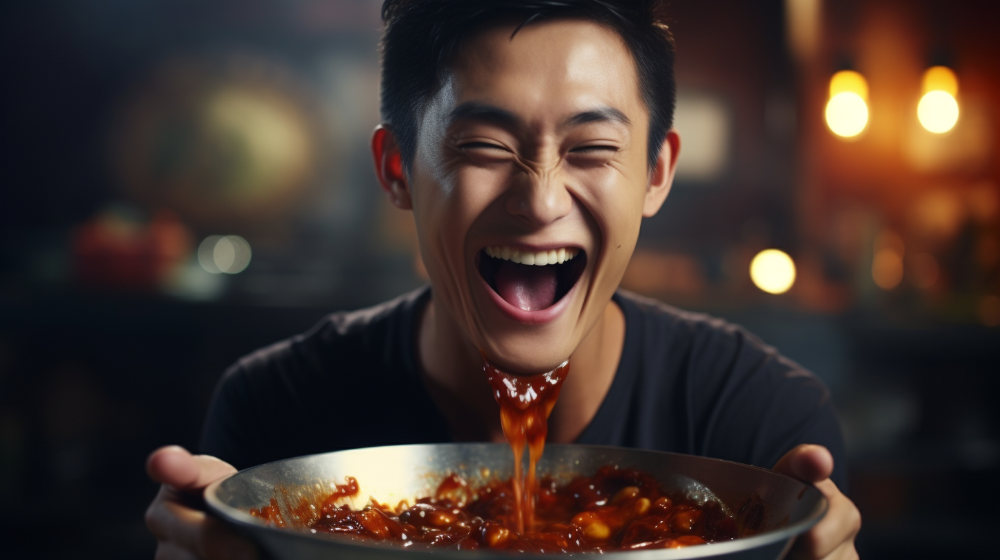 Excited young man tasting chili bean sauce