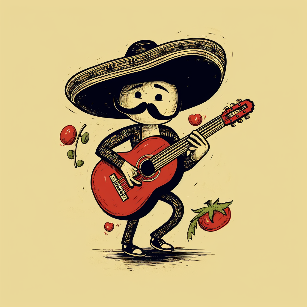 Sketch of a Mustached Chili Pepper Playing the Guitar