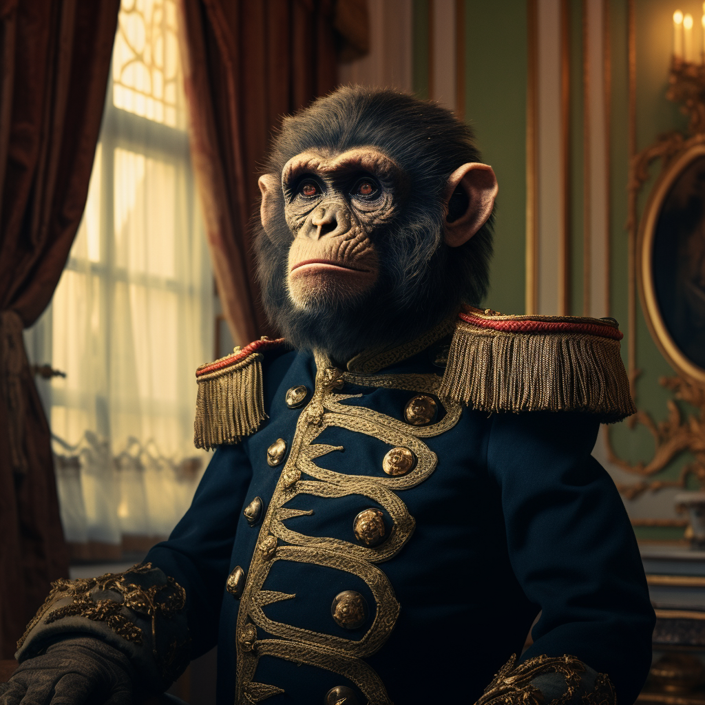 Portrait of real chimp in Napoleon era attire