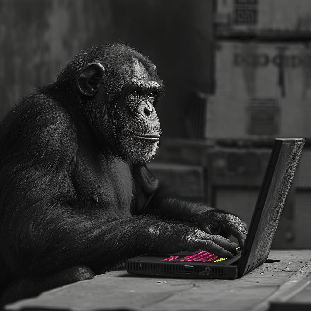 Chimpanzee working on laptop at desk