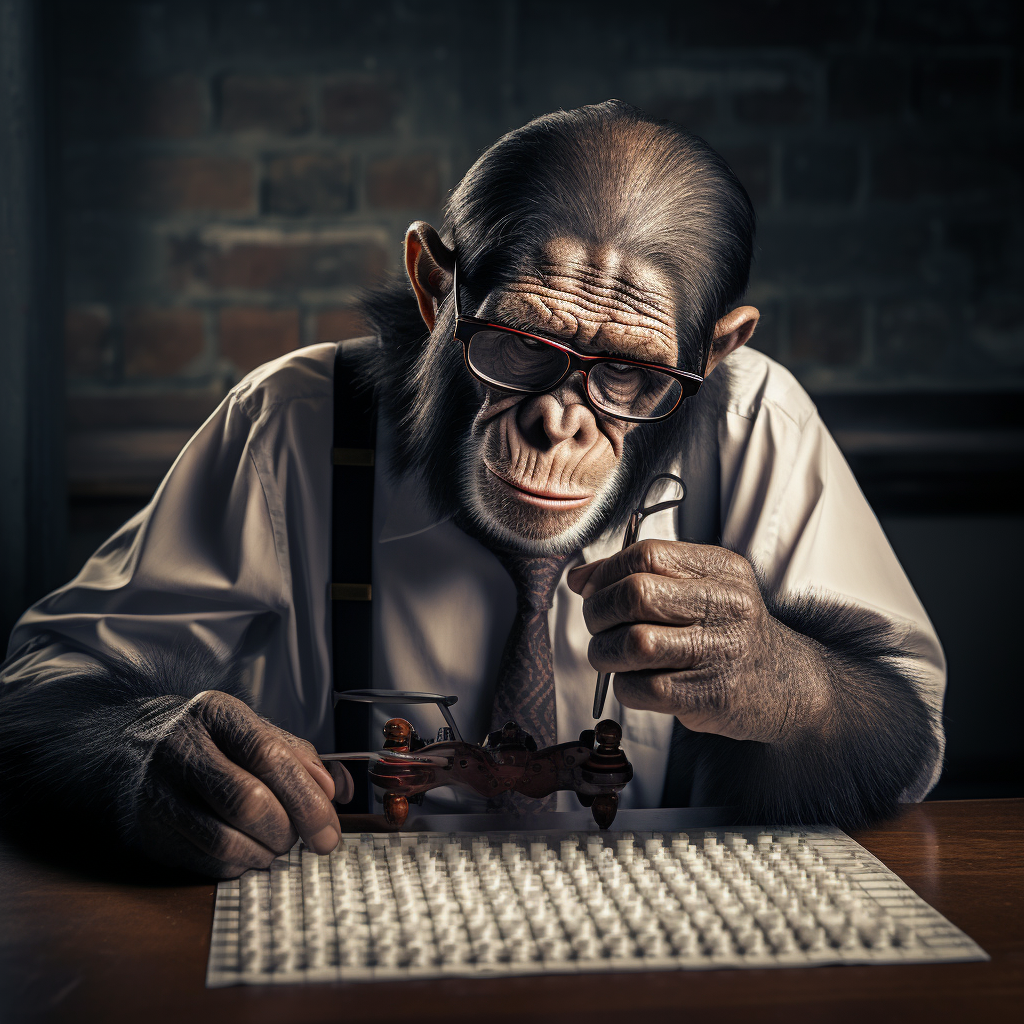 Clever chimp wearing glasses solving crossword puzzle