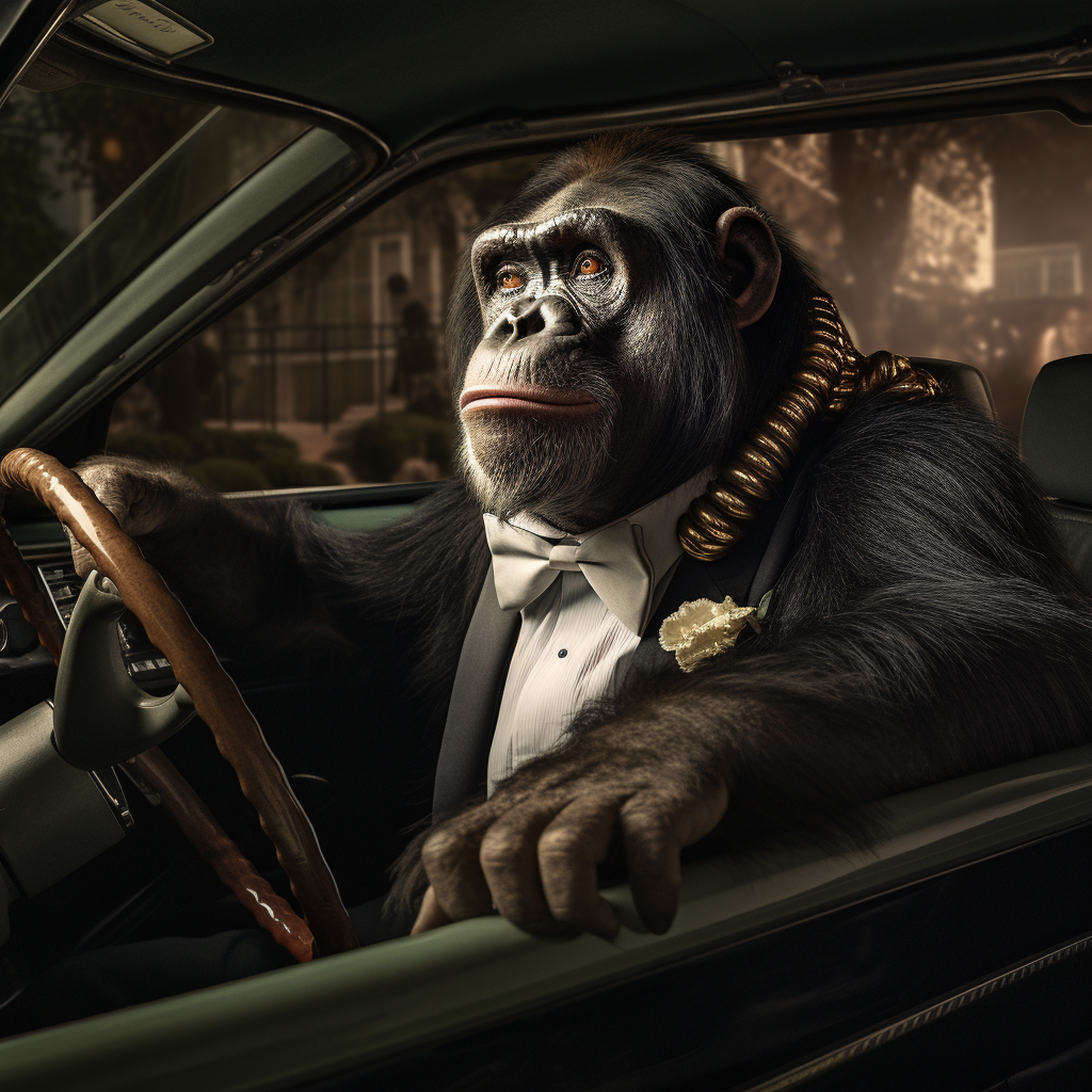 Chimpanzee driving a Rolls Royce