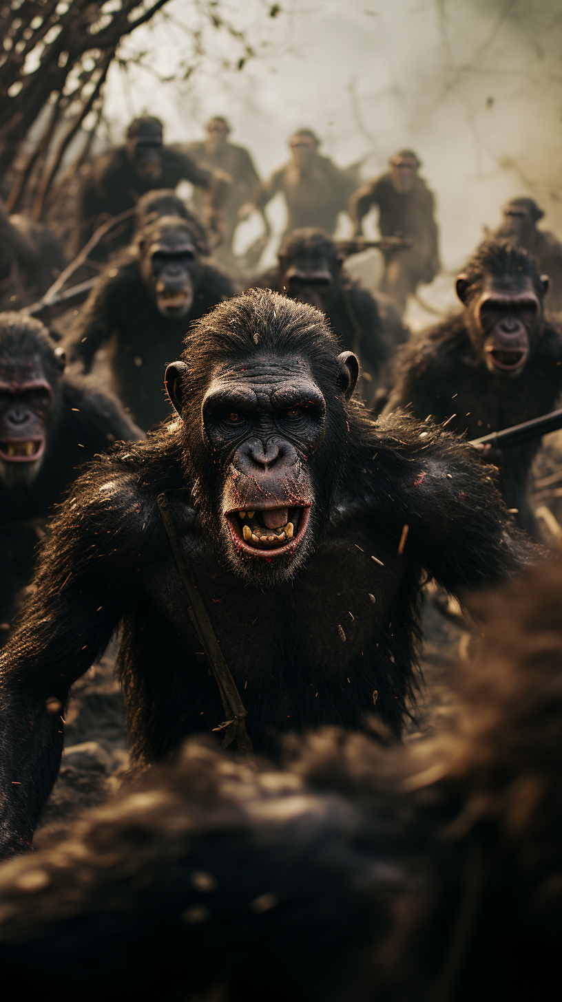 Chimpanzee warriors engaged in battle