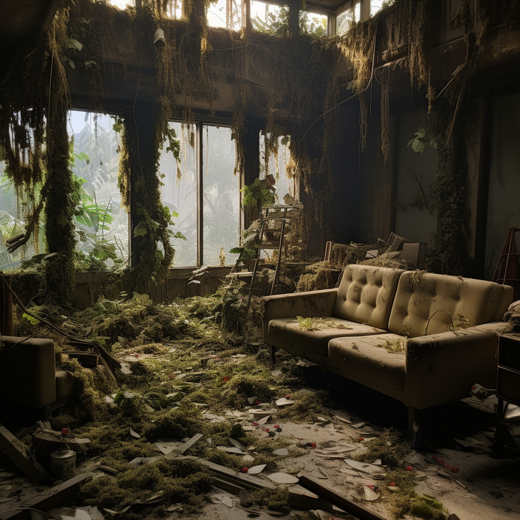 Abandoned residential building interior in China 2040