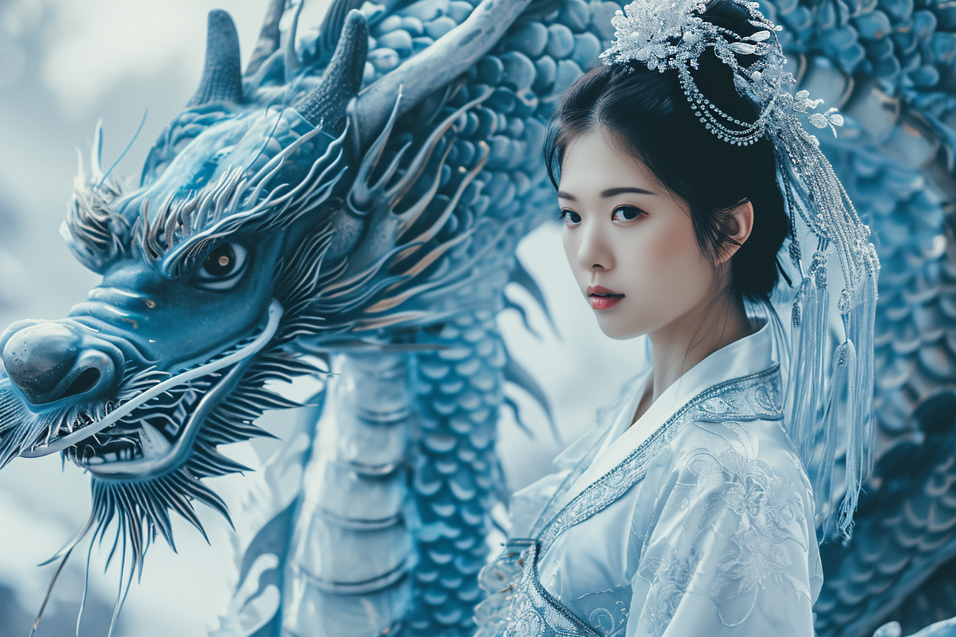 Chinese model in fashionable hanfu with dragon