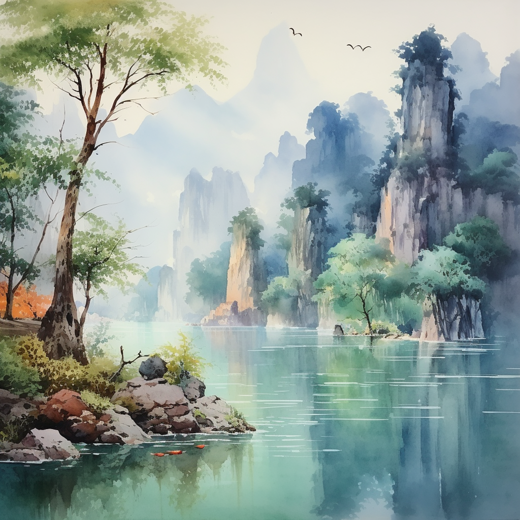 Serene watercolor painting of Chinese landscape