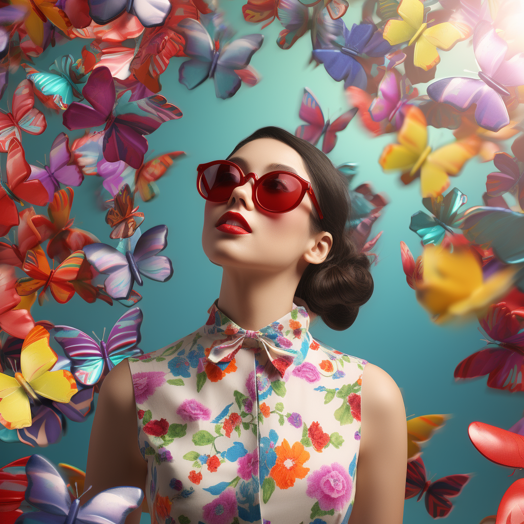 Fashionable china woman with colorful butterflies