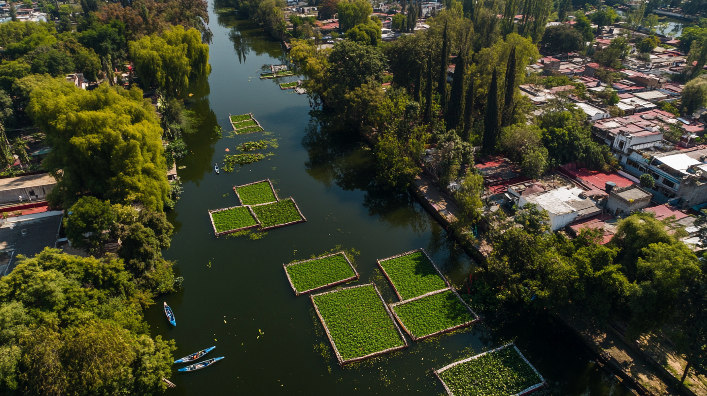 Diagonal view chinampa gardens canals