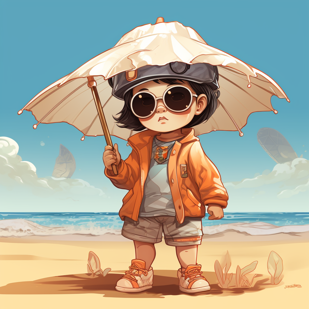 Chinese baby enjoying beach with sunscreen and umbrella