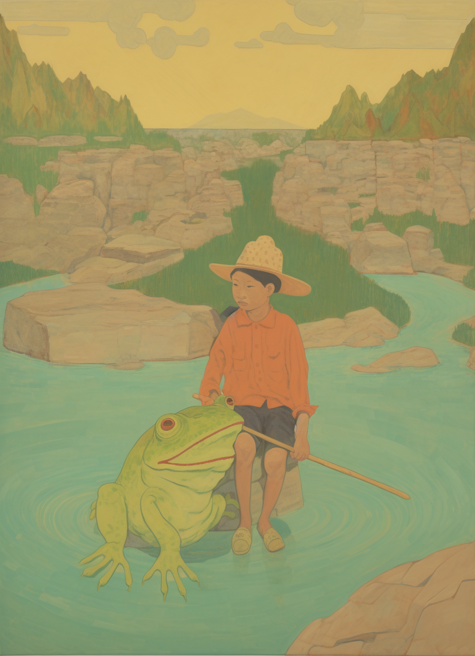 Chinese boy crossing river with giant frog