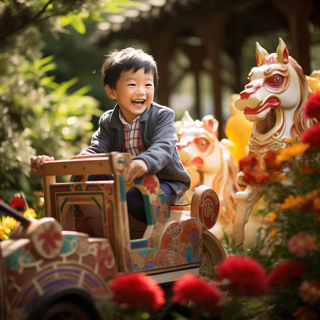 Young Chinese boy playing on wooden horse