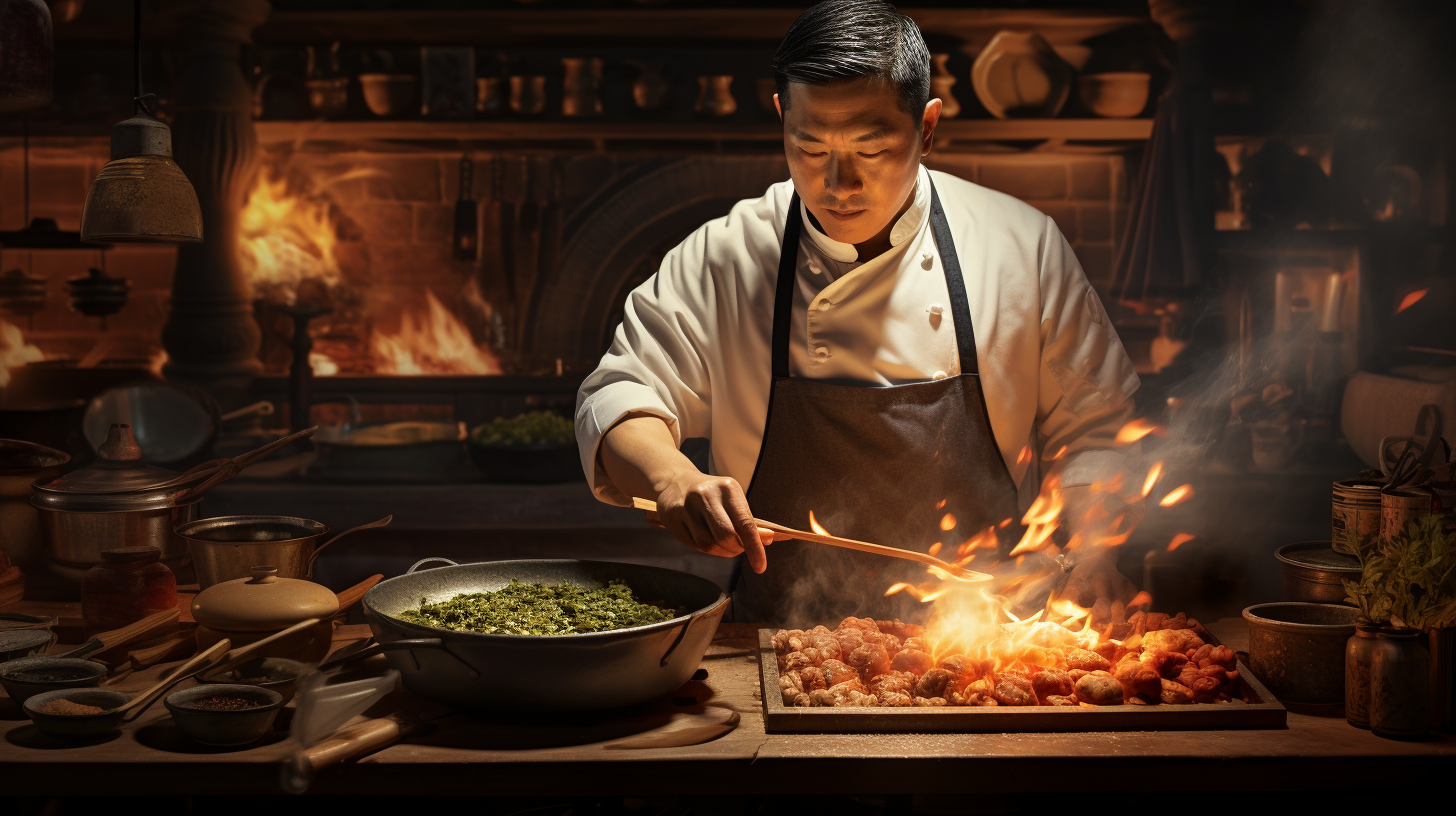 Chinese chef cooking with dramatic lighting