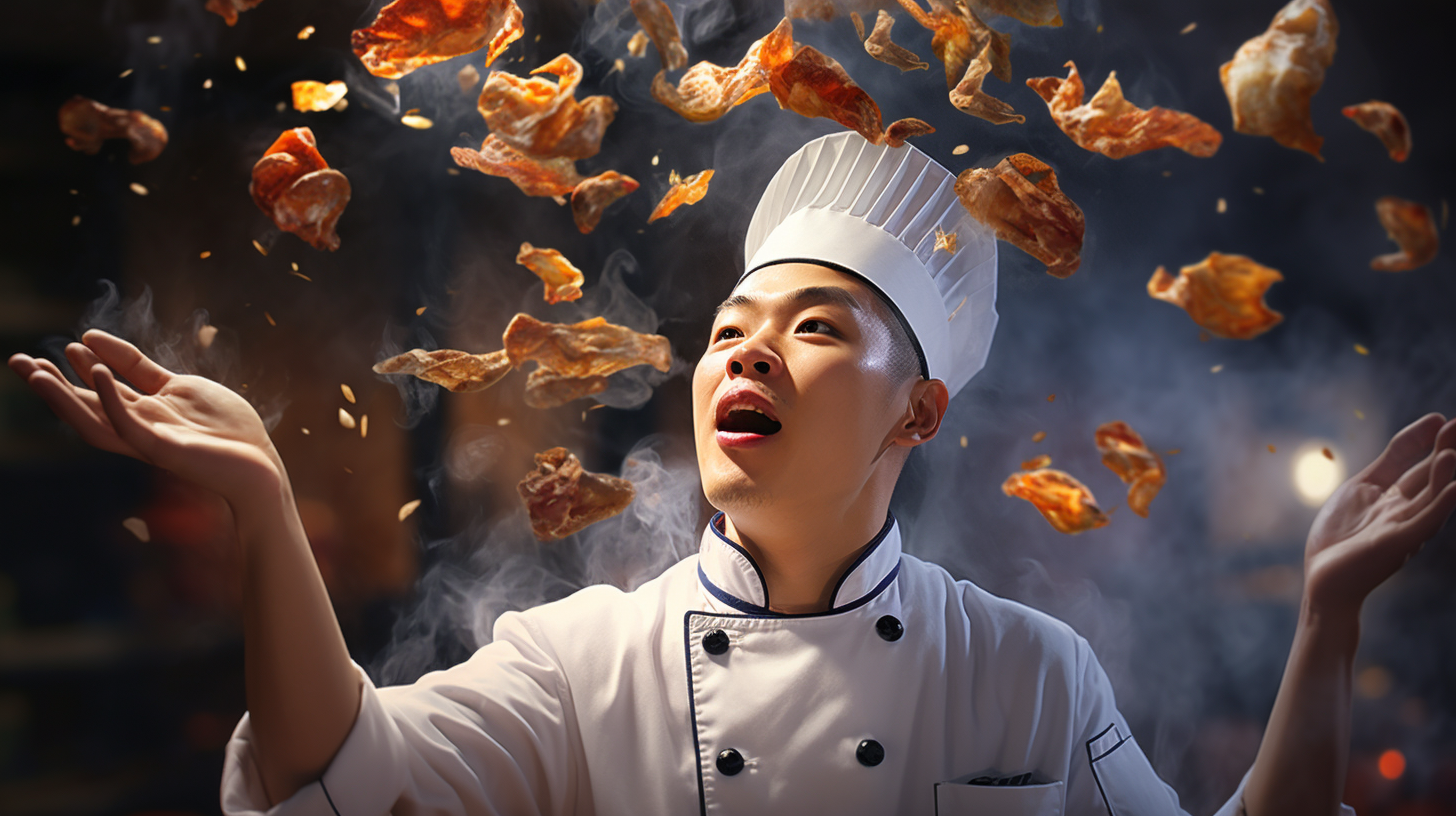 Young Chinese chef tosses food dramatically