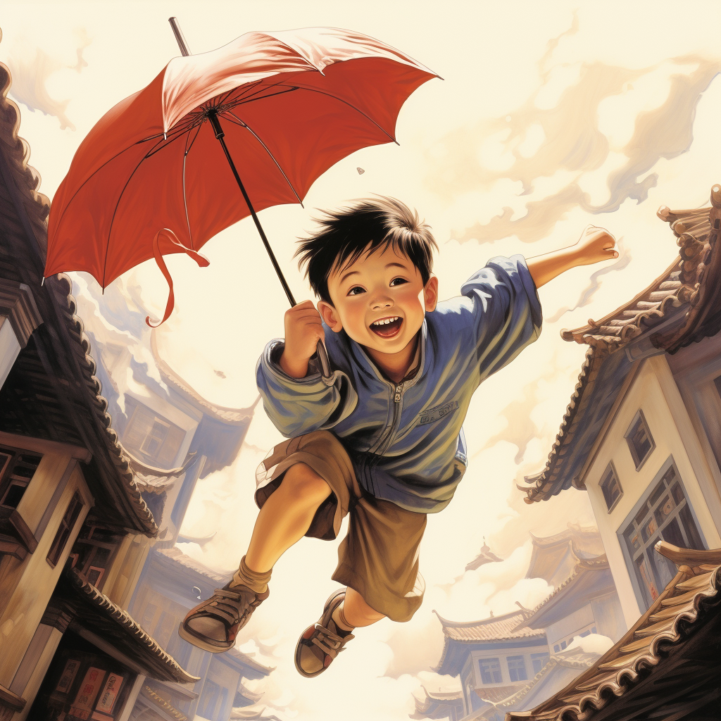 Chinese Child Flying with Umbrella