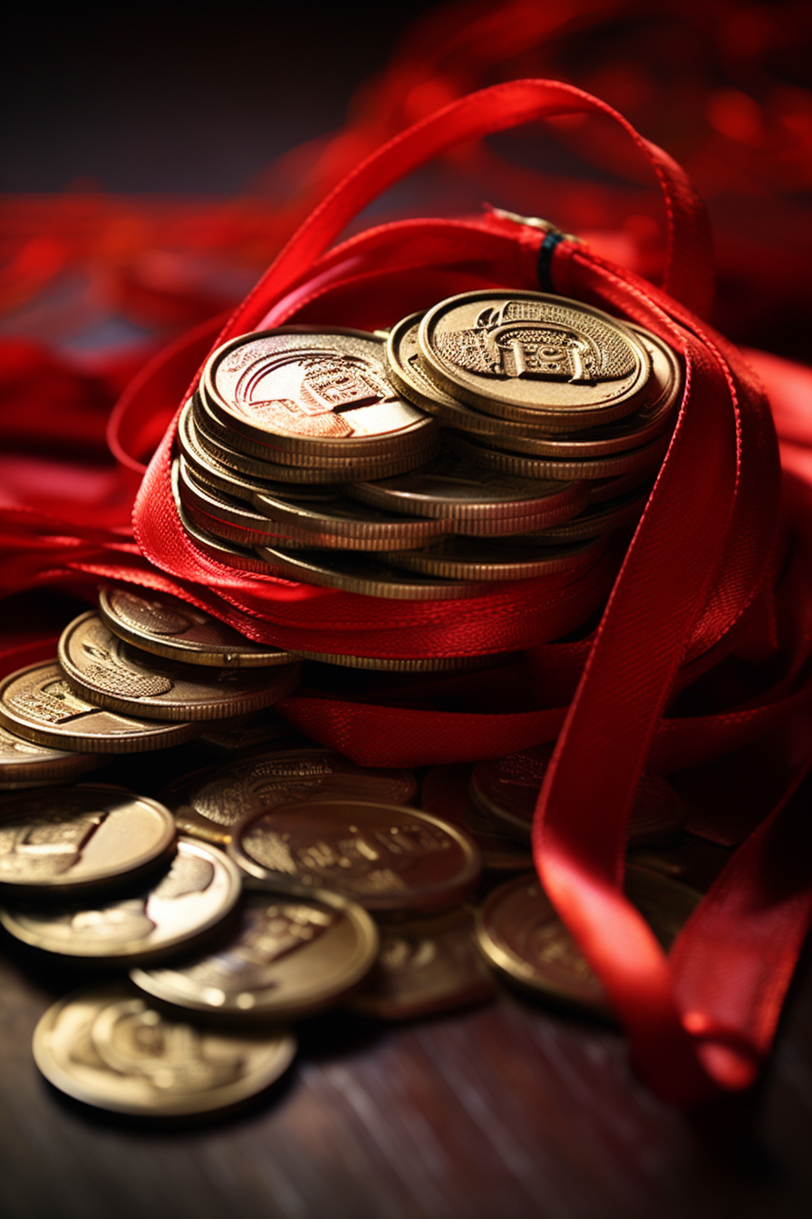 Chinese coins tied with red ribbon for feng shui