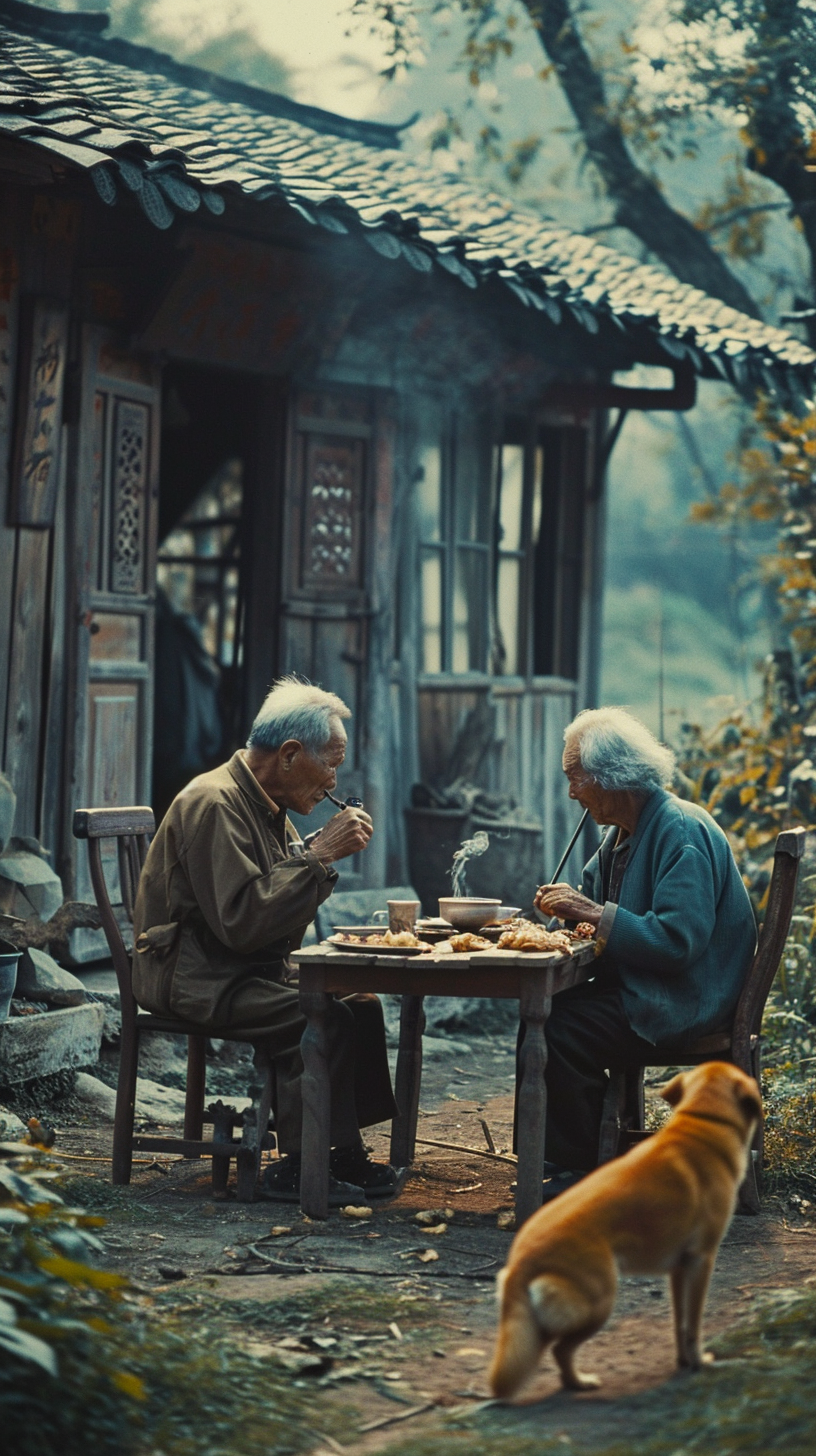 Elderly Couple Having Dinner Outdoors in Chinese Countryside